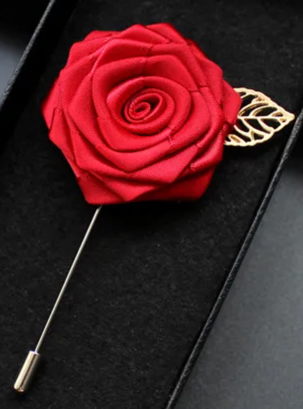 Rolled Red Lapel Flower w/Gold Leaf